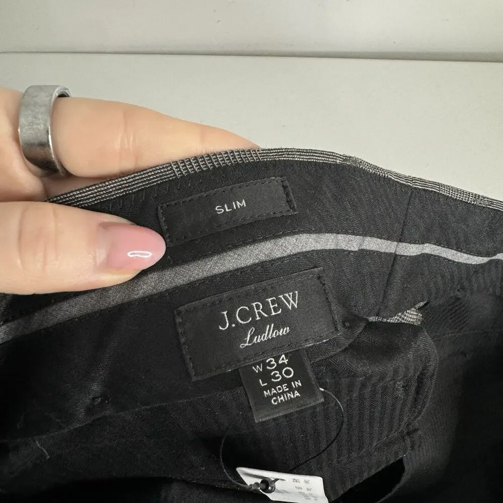 J.Crew Ludlow Slim-Fit Suit Dress Pants Mens 34x30 Gray Italian Wool-Linen Plaid